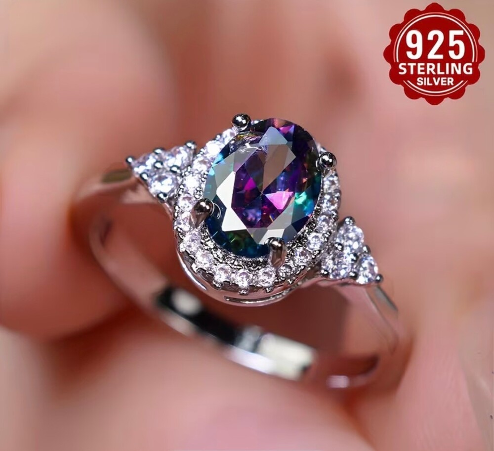 925 Sterling Silver Mystic Topaz Size 8 Ring Oval Stone Halo Accent New